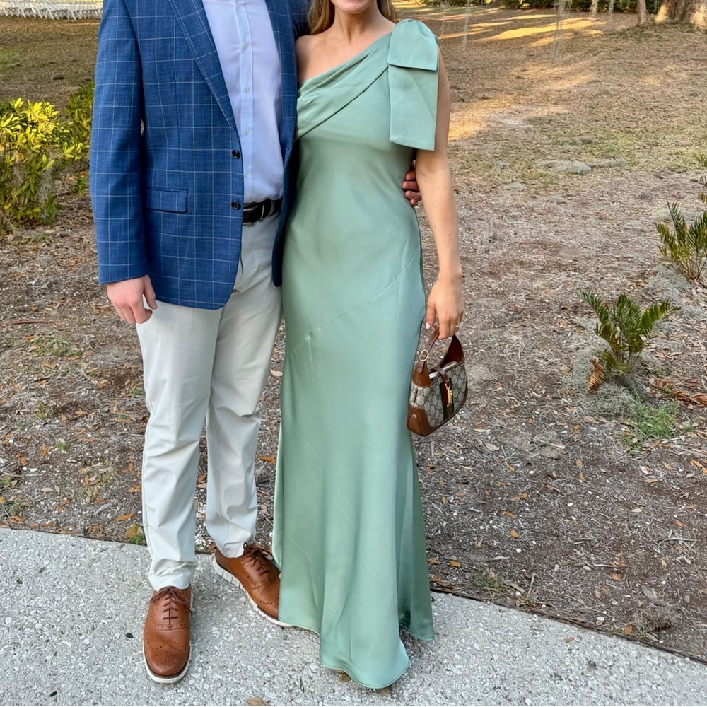 Azazie One-Shoulder Matcha Green Evening Gown